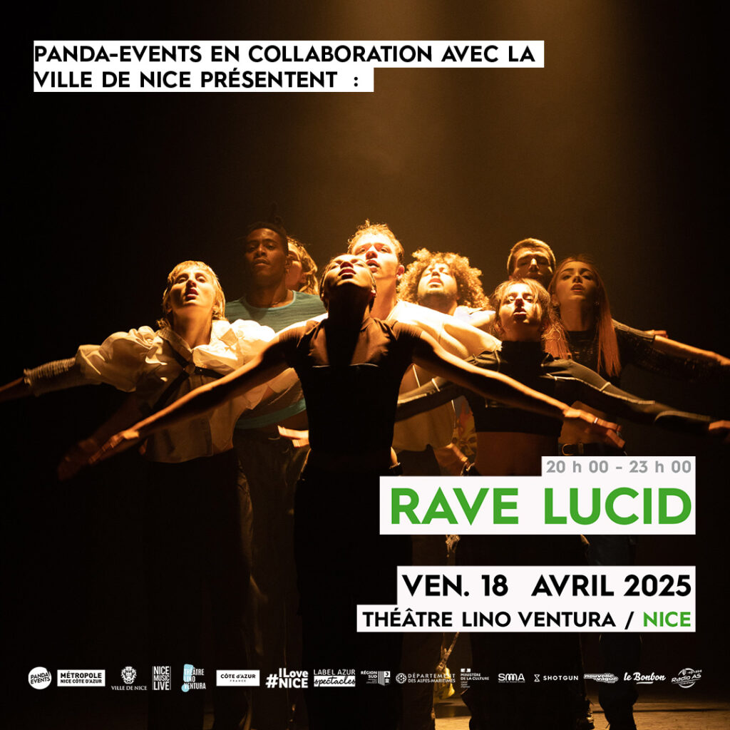 A crowd in trance, arms raised to the sky, during an evening of Rave Lucid at the Théâtre Lino Ventura.