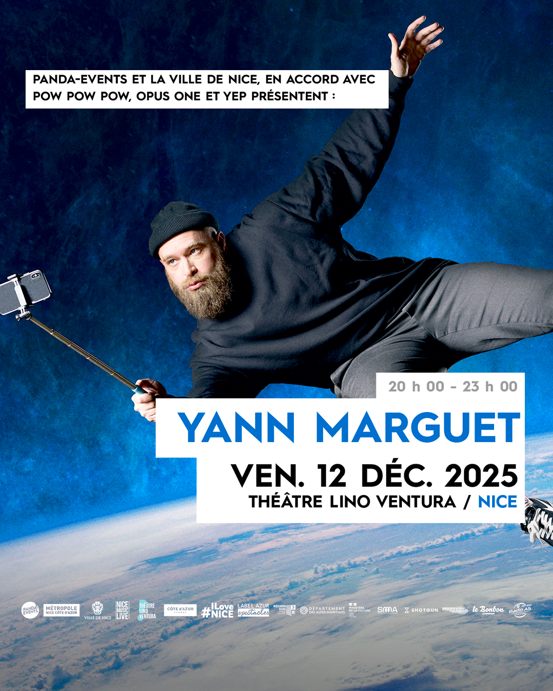 Affiche de concert pour Yann Marguet, qui se produira le 12 décembre 2025 au Théâtre Lino Ventura à Nice. Le visuel est sobre et met en avant le nom de l'artiste