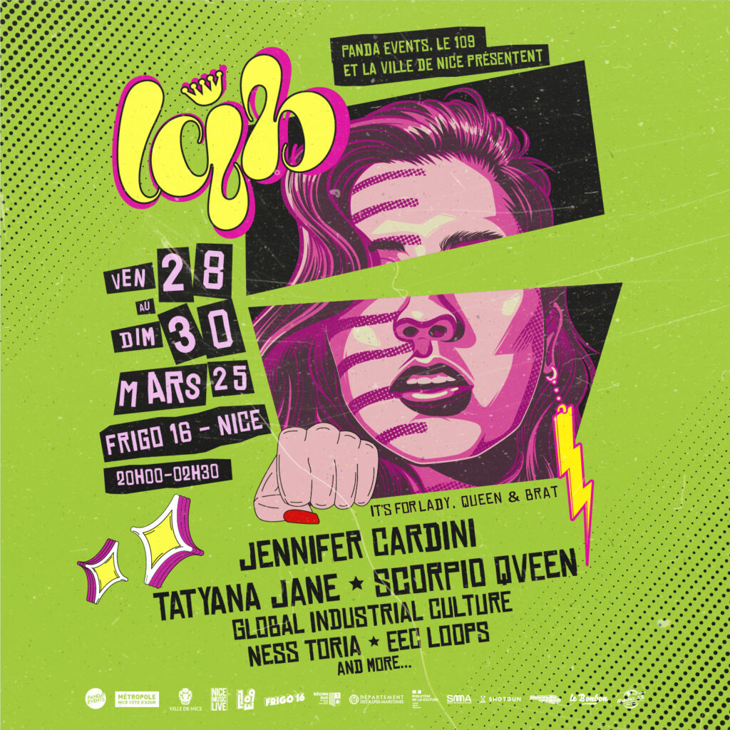 Poster colorato e pop-art per l'evento LQB, che si terrà dal 28 al 30 marzo 2025 al Frigo 16 di Nizza. Un design vibrante con una donna illustrata in stile fumetto, verdi e rosa elettrici e tipografia urbana.