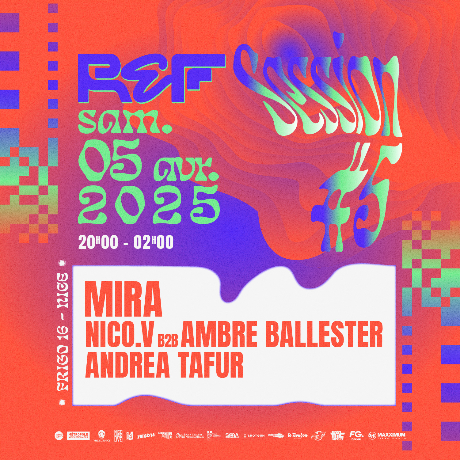 Promotional poster for REF Session #5, Saturday April 5, 2025, from 8pm to 2am at Frigo 16 in Nice.