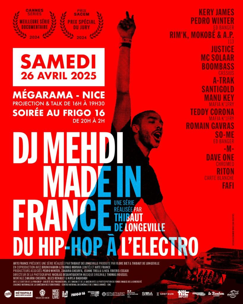 Affiche rouge et noire annonçant la projection et la soirée hommage DJ Mehdi - Made in France : du Hip-Hop à l’Electro, une série documentaire réalisée par Thibaut de Longeville.