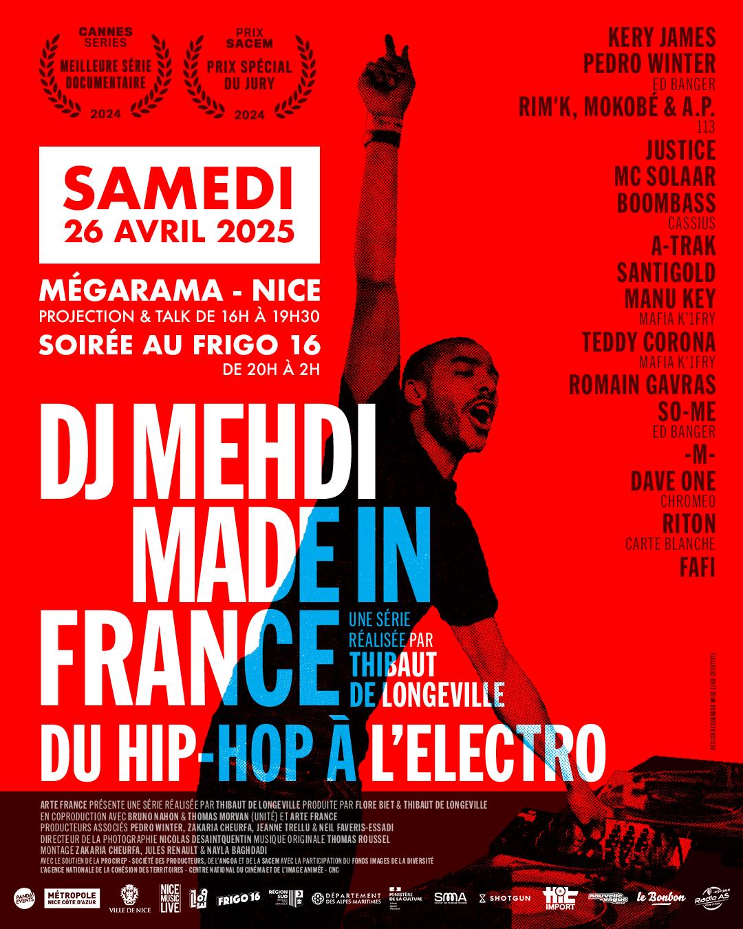 Red and black poster announcing the screening and tribute evening DJ Mehdi - Made in France: du Hip-Hop à l'Electro, a documentary series directed by Thibaut de Longeville.