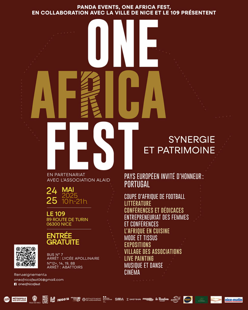 Affiche du One Africa Fest, festival autour de la synergie et du patrimoine africain, les 24 et 25 mai 2025 au 109 (Nice), avec le Portugal comme pays européen invité d'honneur.