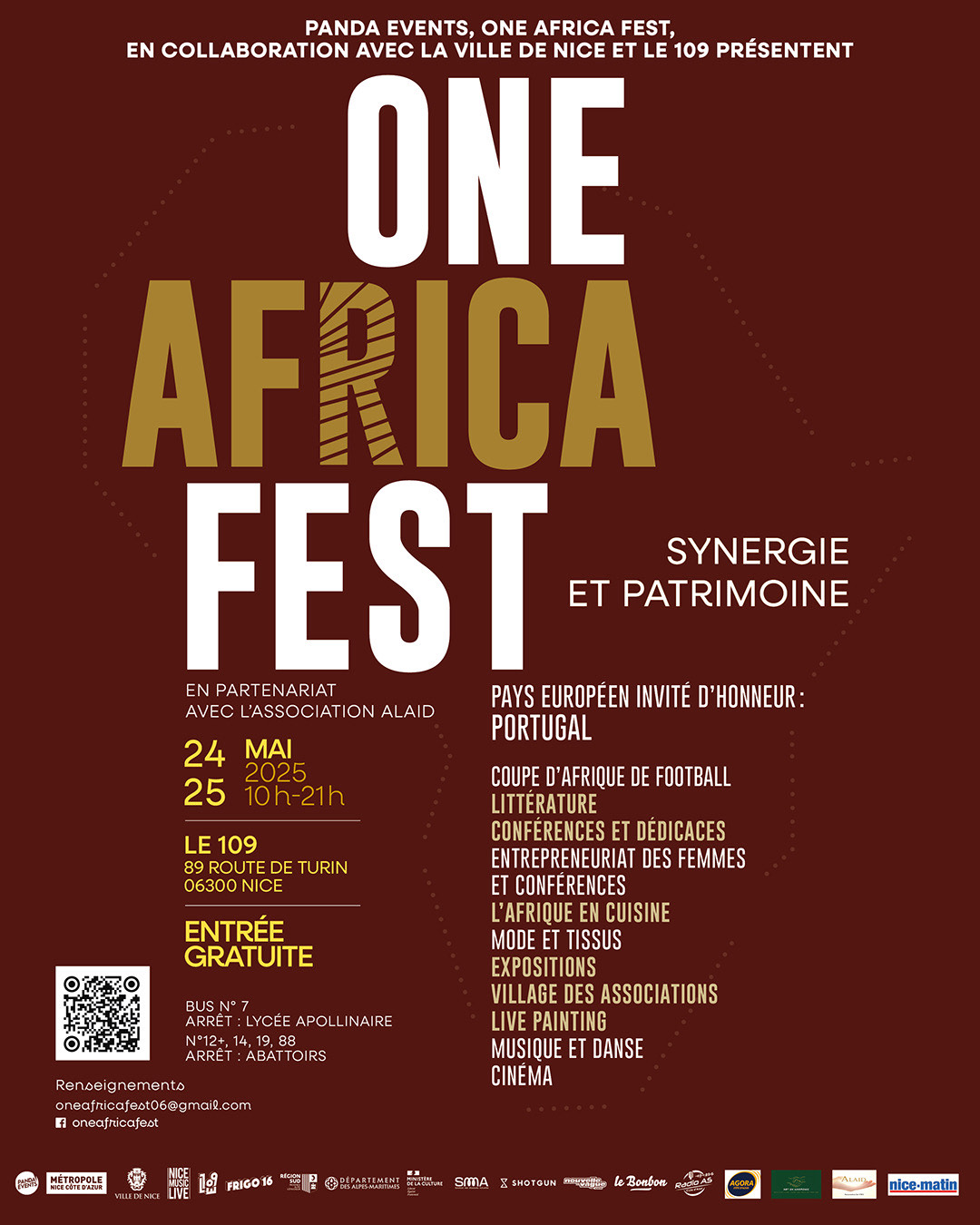 Affiche du One Africa Fest, festival autour de la synergie et du patrimoine africain, les 24 et 25 mai 2025 au 109 (Nice), avec le Portugal comme pays européen invité d'honneur.