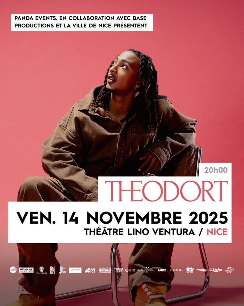 Affiche du concert de Theodort au Théâtre Lino Ventura à Nice, organisé par Panda Events en collaboration avec Base Productions et la Ville de Nice, le vendredi 14 novembre 2025 à 20h00. Theodort est assis, habillé dans des tons marron, sur un fond rouge.