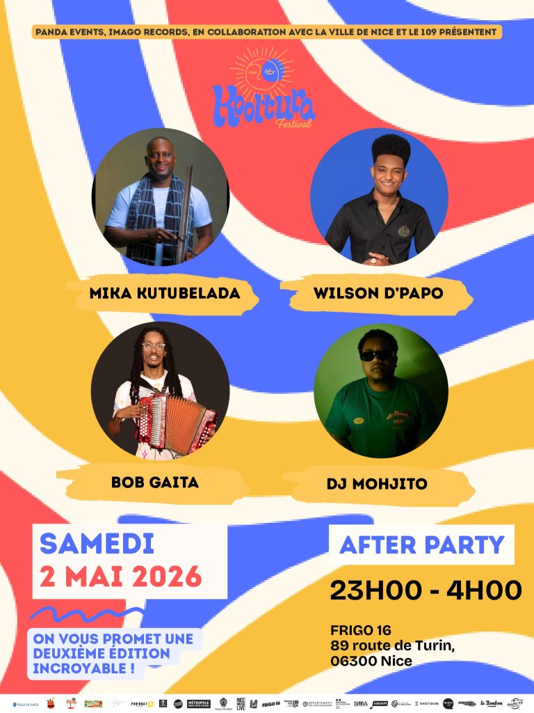 Affiche de l'after party de la 2ème édition du Koltula Festival avec Mika Kutubelada, Wilson D'Papo, Bob Gaita et DJ Mohjito au Frigo 16 à Nice le samedi 2 mai 2026.