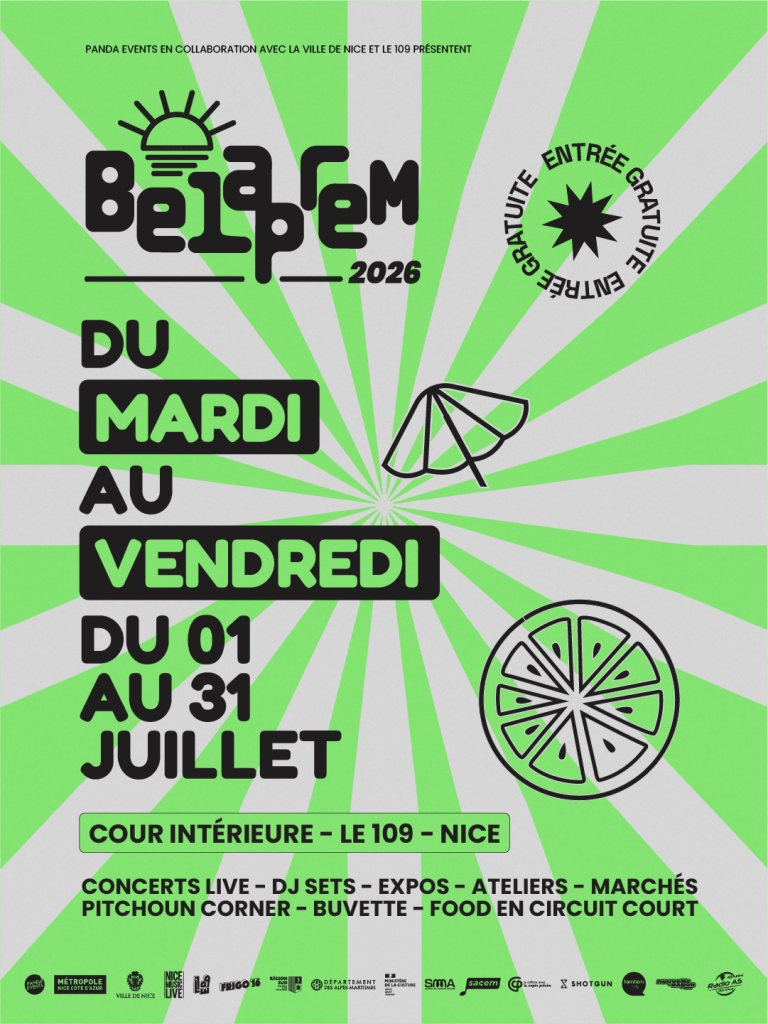 Affiche de l'événement estival gratuit Belaprem 2026, proposant concerts, DJ sets, expos et food dans la cour intérieure du 109 à Nice du 1er au 31 juillet.