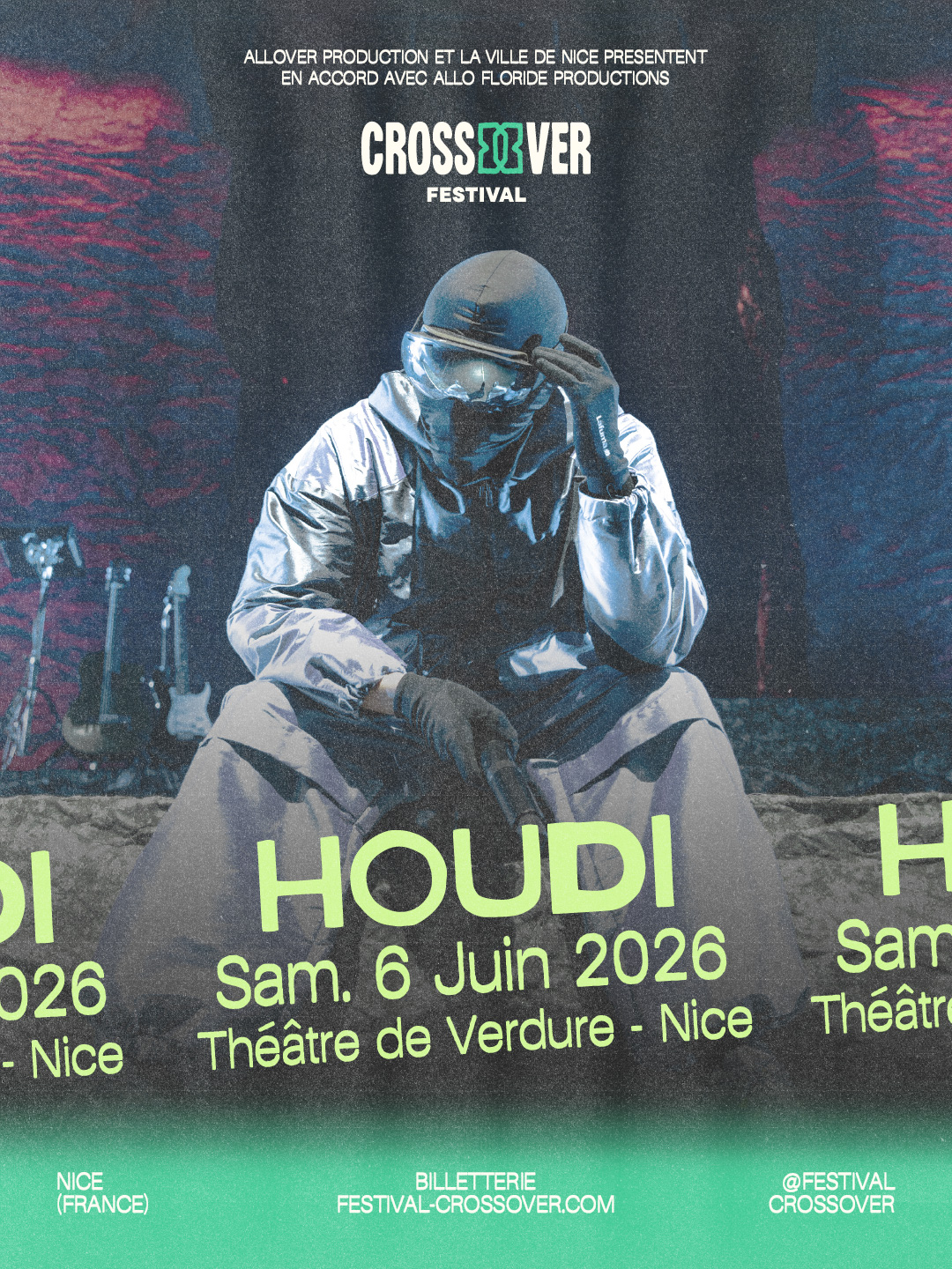 Affiche du concert du rappeur masqué Houdi au Théâtre de Verdure à Nice dans le cadre du Crossover Festival le samedi 6 juin 2026.