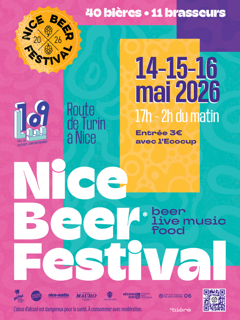 Affiche du Nice Beer Festival 2026 au 109, Route de Turin à Nice, du 14 au 16 mai 2026, proposant 40 bières, 11 brasseurs, de la musique live et de la food.