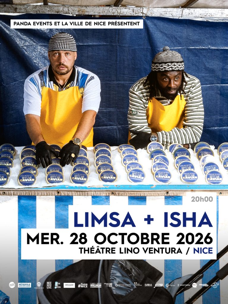 Isha et Limsa d’Aulnay derrière un stand de “Bitume Caviar”, visuel promo concert Nice 2026