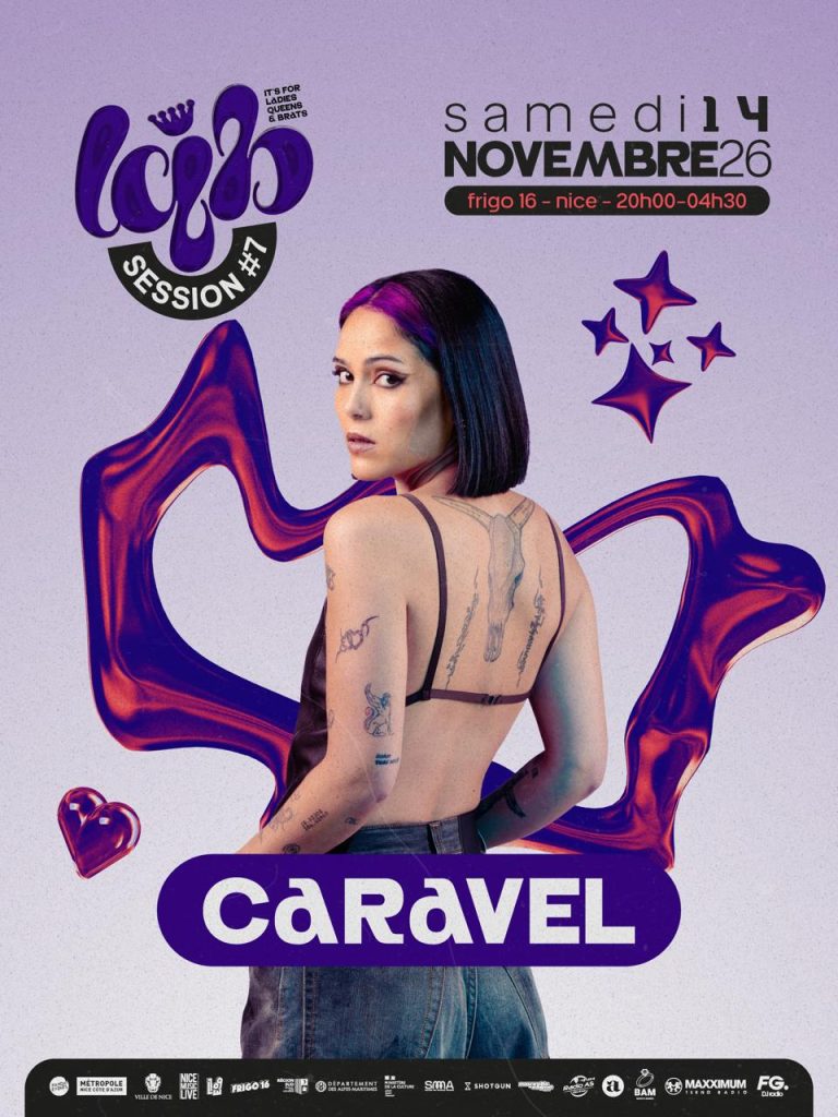 Affiche de la soirée LQB Session #7 au Frigo 16 à Nice le 14 novembre, avec la DJ Caravel au centre sur un visuel violet et rose inspiré de l’esthétique hard techno.