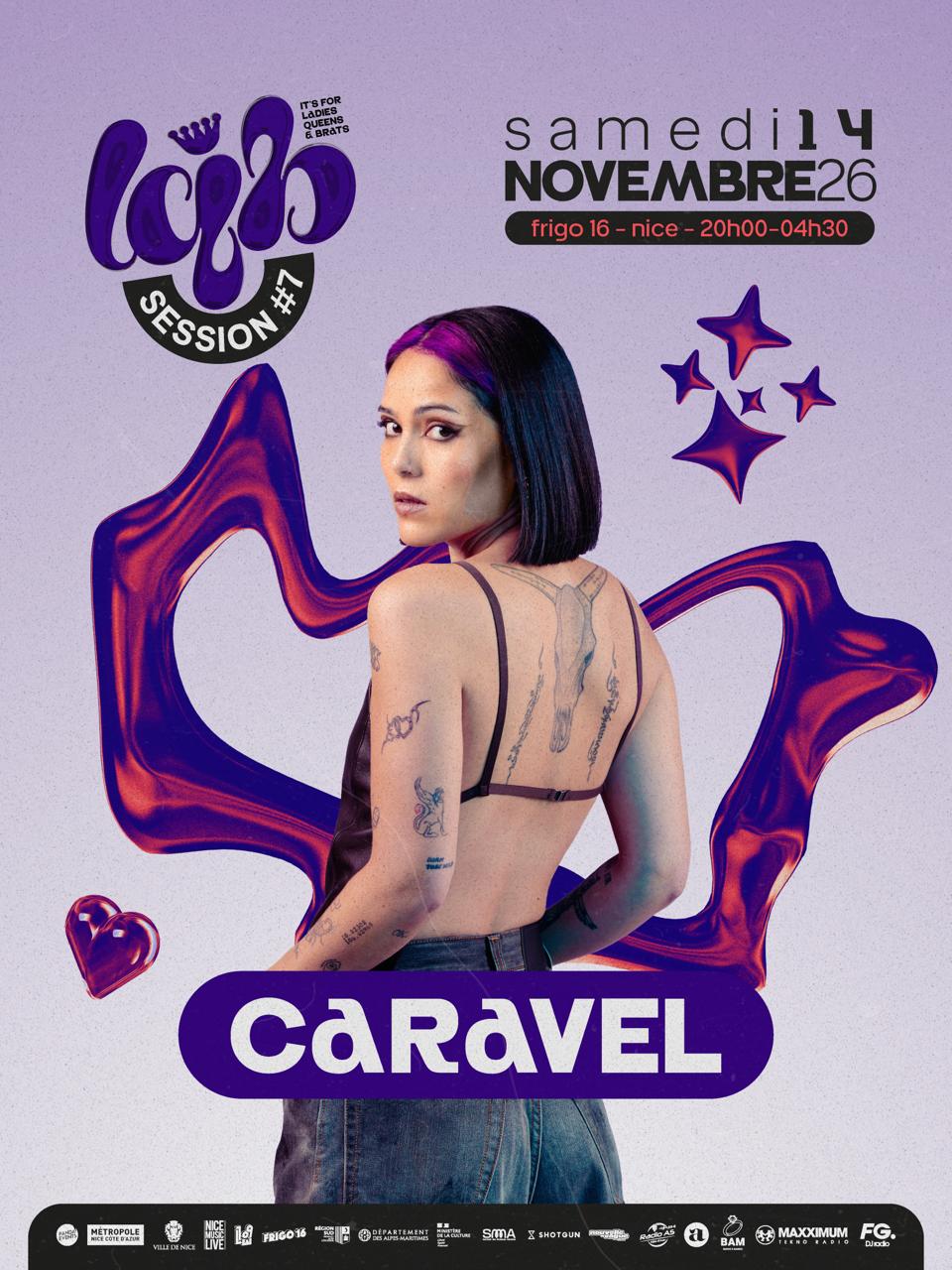 Affiche de la soirée LQB Session #7 au Frigo 16 à Nice le 14 novembre, avec la DJ Caravel au centre sur un visuel violet et rose inspiré de l’esthétique hard techno.
