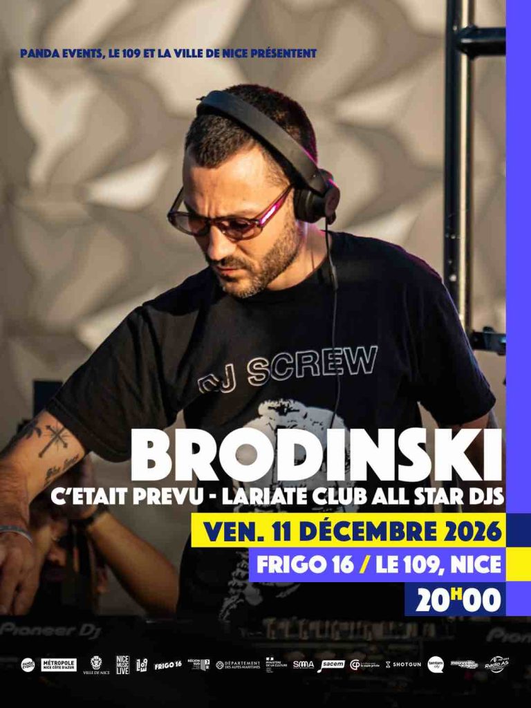 Affiche du concert de Brodinski au Frigo 16 à Nice le vendredi 11 décembre 2026 avec C’était Prévu et Lariate Club All Star DJs.