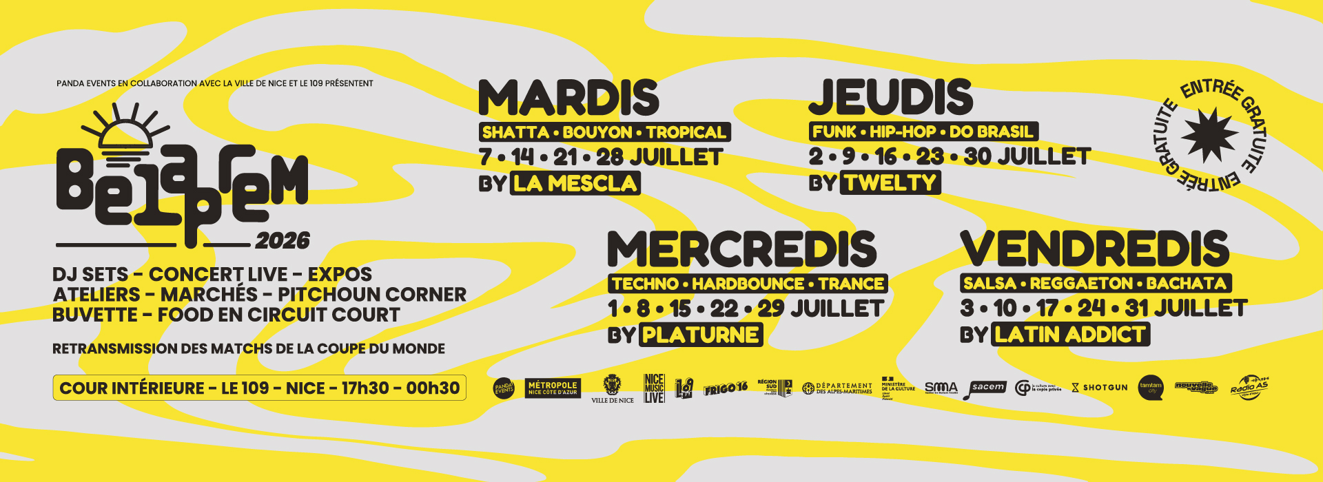 Affiche de l'événement estival gratuit Belaprem 2026, proposant concerts, DJ sets, expos et food dans la cour intérieure du 109 à Nice du 1er au 31 juillet.