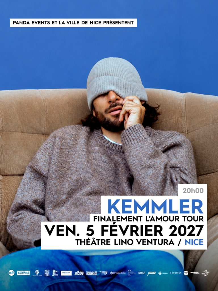 Affiche du concert de Kemmler à Nice. L'artiste est assis dans un fauteuil, portant un bonnet rabattu sur les yeux. Le visuel annonce son concert le vendredi 5 février 2027 à 20h00 au Théâtre Lino Ventura à Nice.
