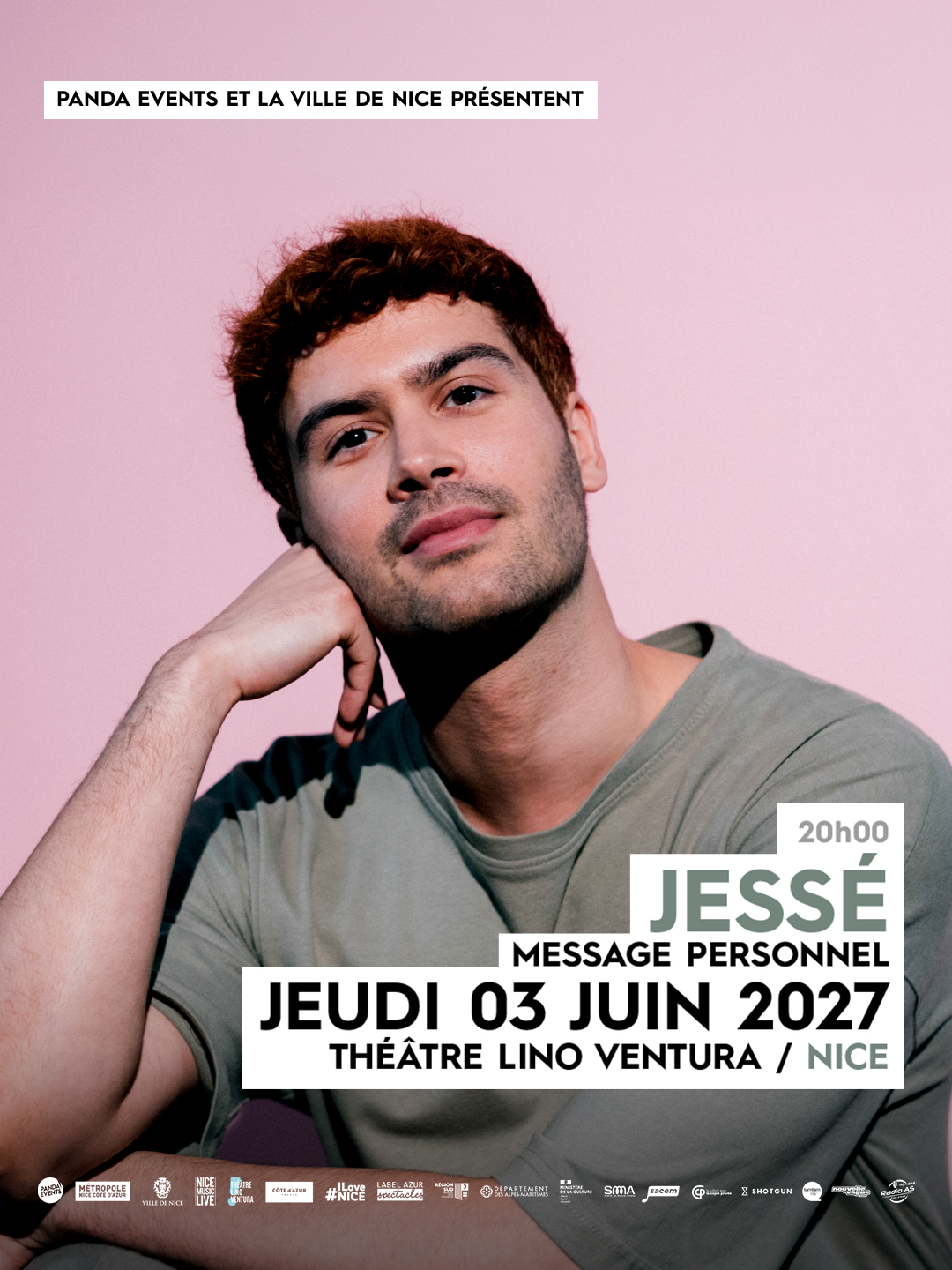 Affiche du spectacle JESSÉ 'Message Personnel' à Nice le 3 juin 2027 au Théâtre Lino Ventura. Découvrez un comédien drôle et sincère dans une performance unique, sans clichés ni phrases toutes faites.