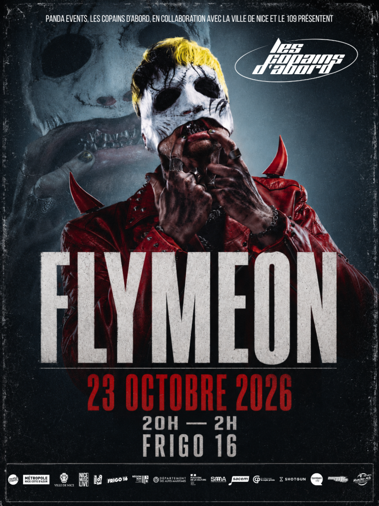 Affiche au style sombre et grunge du concert de l'artiste masqué Flymeon, présenté par Les Copains d'Abord au Frigo 16 à Nice le 23 octobre 2026.