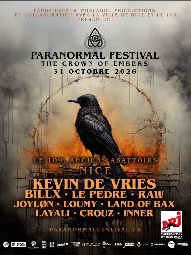Affiche du Paranormal Festival (édition The Crown of Embers) pour la soirée d'Halloween au 109 (anciens abattoirs) à Nice le 31 octobre 2026, avec Kevin de Vries et Billx.