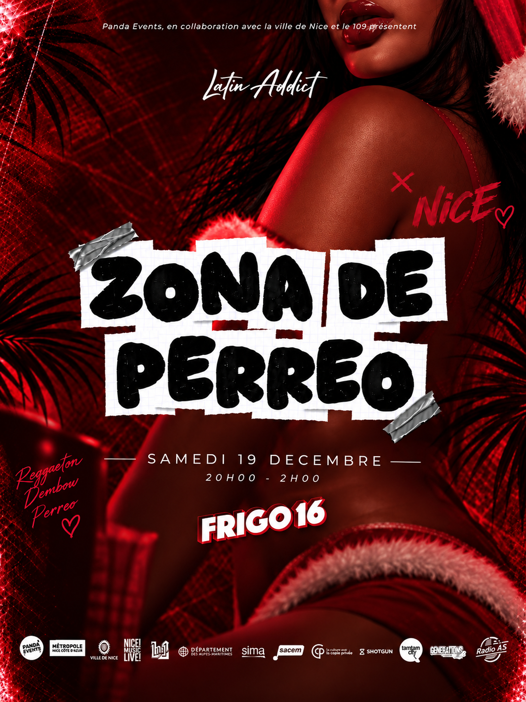 Affiche rouge sur le thème de Noël pour la soirée reggaeton "Zona de Perreo" au Frigo 16 à Nice le samedi 19 décembre 2026.