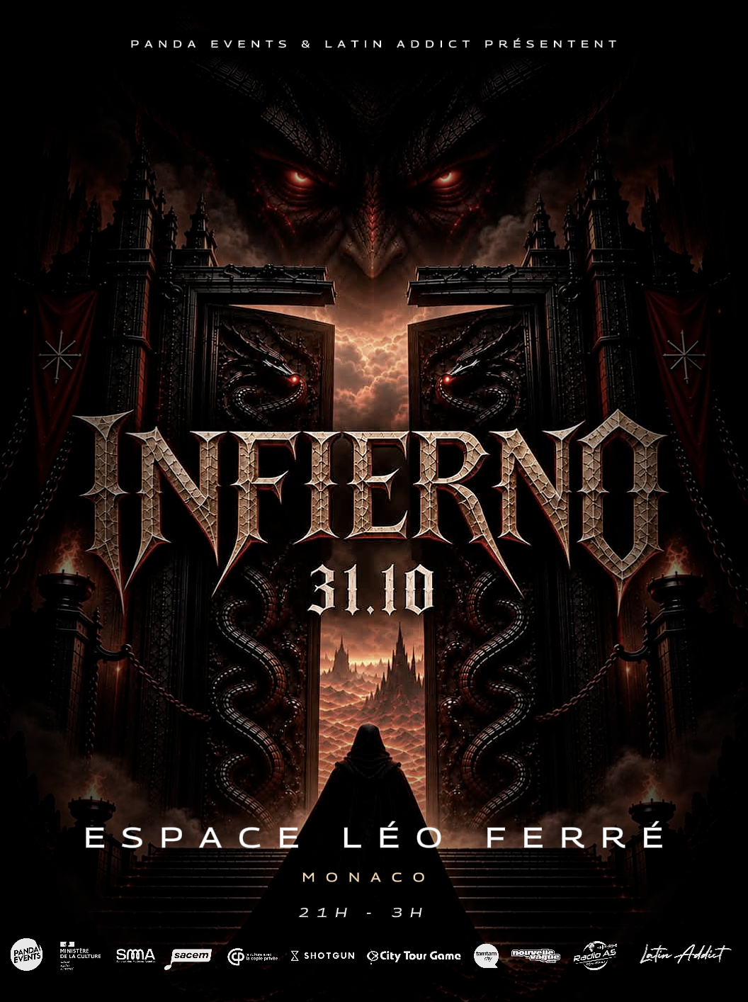 Affiche de la soirée Halloween INFERNO du 31 octobre à l'Espace Léo Ferré à Monaco, avec un décor gothique, des dragons et une ambiance infernale.
