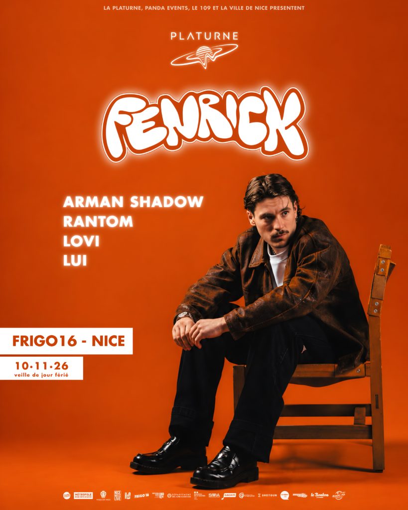Affiche sur fond orange de la soirée électro Platurne avec le DJ Fenrick en tête d'affiche au Frigo 16 à Nice le mardi 10 novembre 2026 (veille de jour férié)
