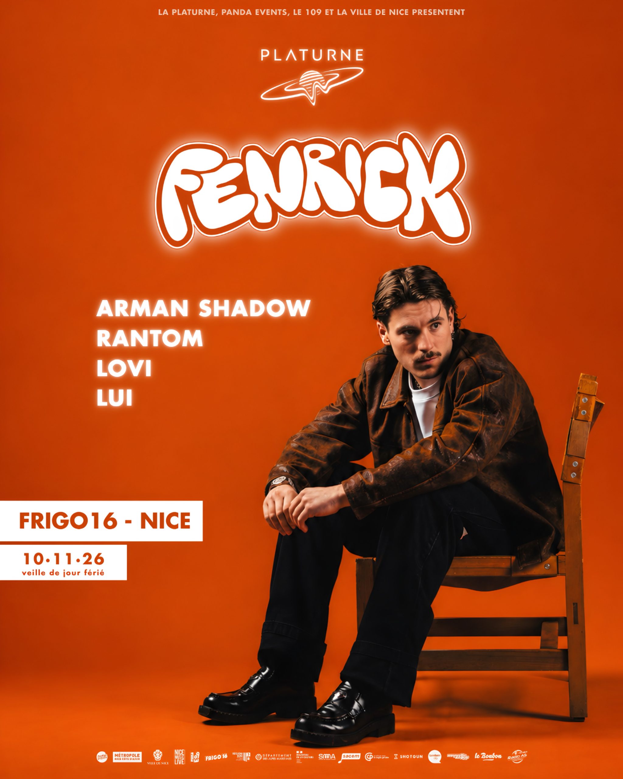 Affiche sur fond orange de la soirée électro Platurne avec le DJ Fenrick en tête d'affiche au Frigo 16 à Nice le mardi 10 novembre 2026 (veille de jour férié)