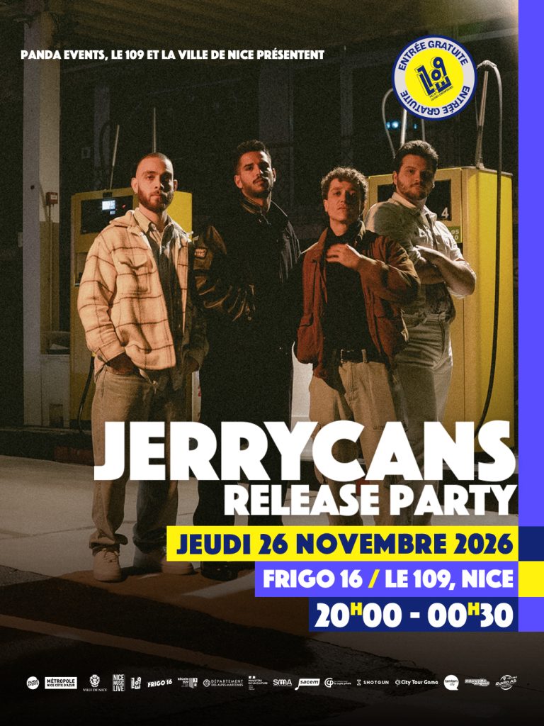 Affiche de la Release Party des Jerrycans au Frigo 16 à Nice, le jeudi 26 novembre 2026 à 20 h. Entrée gratuite.