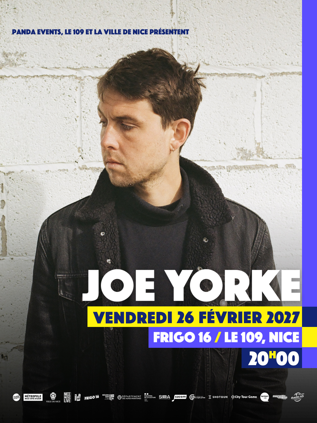 Affiche du concert de Joe Yorke, vendredi 26 février 2027 à 20 h, au Frigo 16 du 109 à Nice. Présenté par Panda Events, Le 109 et la Ville de Nice.