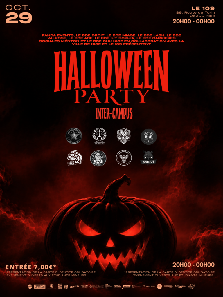 Affiche de la soirée étudiante Halloween Party Inter-Campus avec une citrouille effrayante sur fond de fumée rouge, organisée au 109 à Nice le 29 octobre.