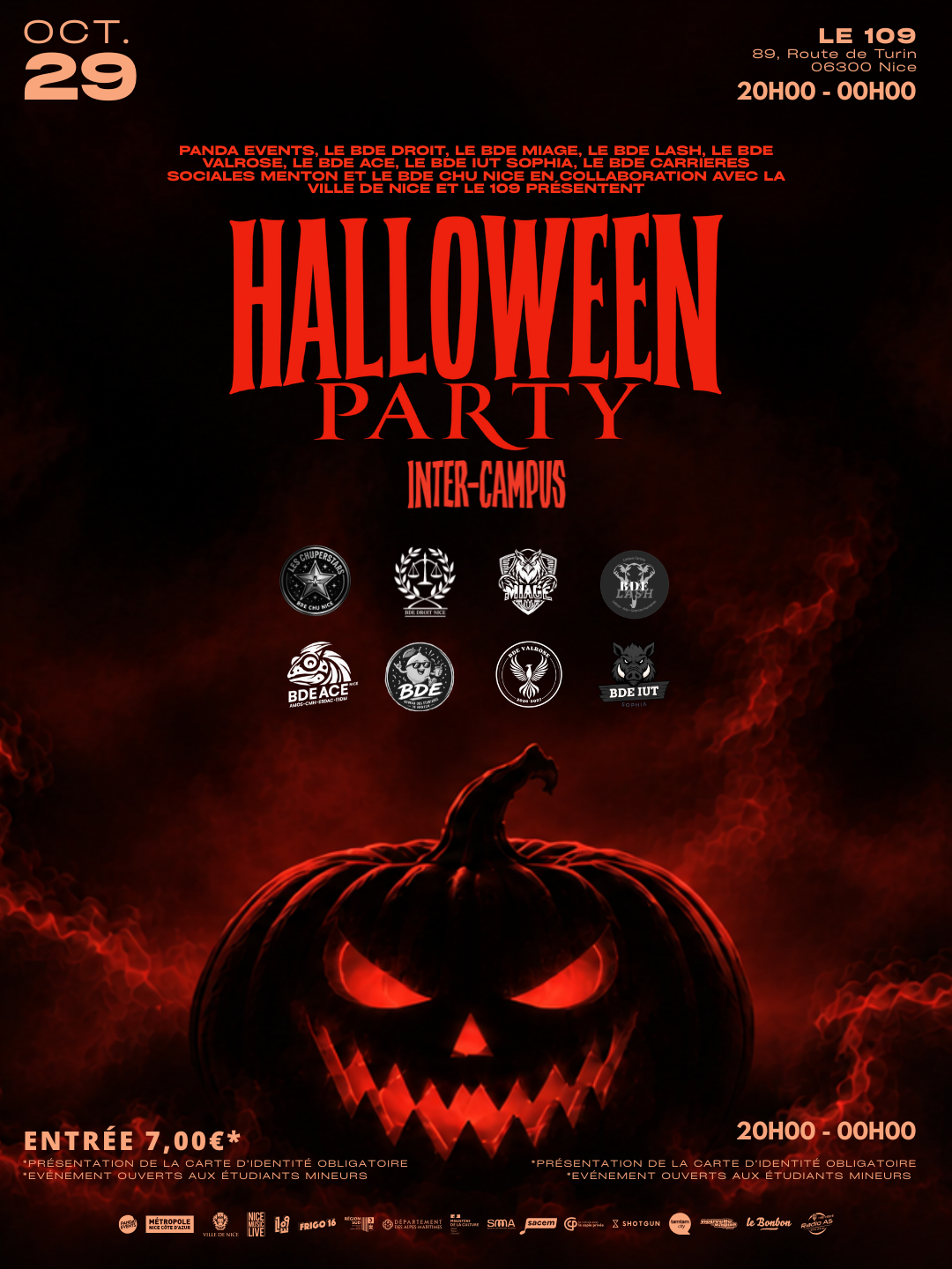 Affiche de la soirée étudiante Halloween Party Inter-Campus avec une citrouille effrayante sur fond de fumée rouge, organisée au 109 à Nice le 29 octobre.