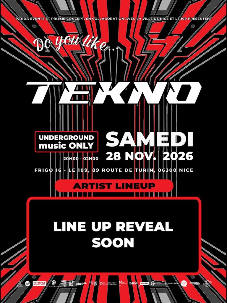 Affiche teaser de la soirée "Tekno" (Underground music ONLY) annonçant un line-up à venir, prévue au Frigo 16 à Nice le samedi 28 novembre 2026.